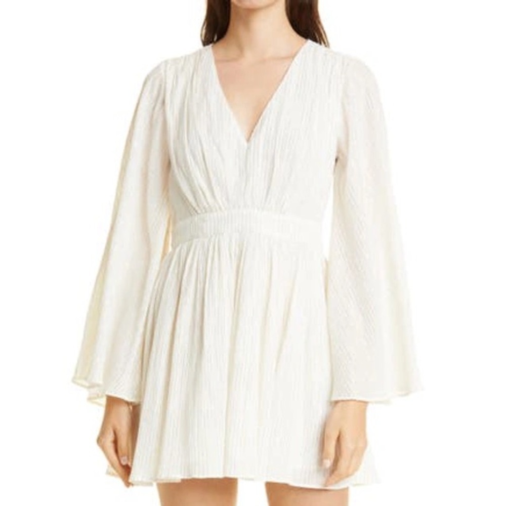 MILLE Goldie Long Bell Sleeve Metallic Gold Stripe White Cotton Mini Dress Sz S
